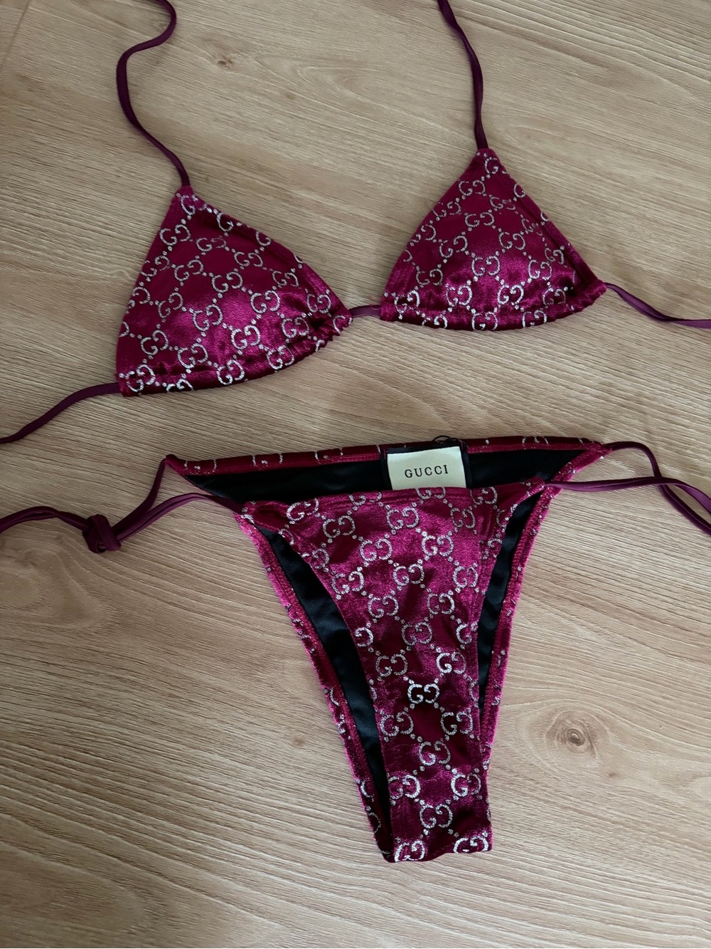 Gucci Burgundy GG Logo Velvet Triangle Bikini Set